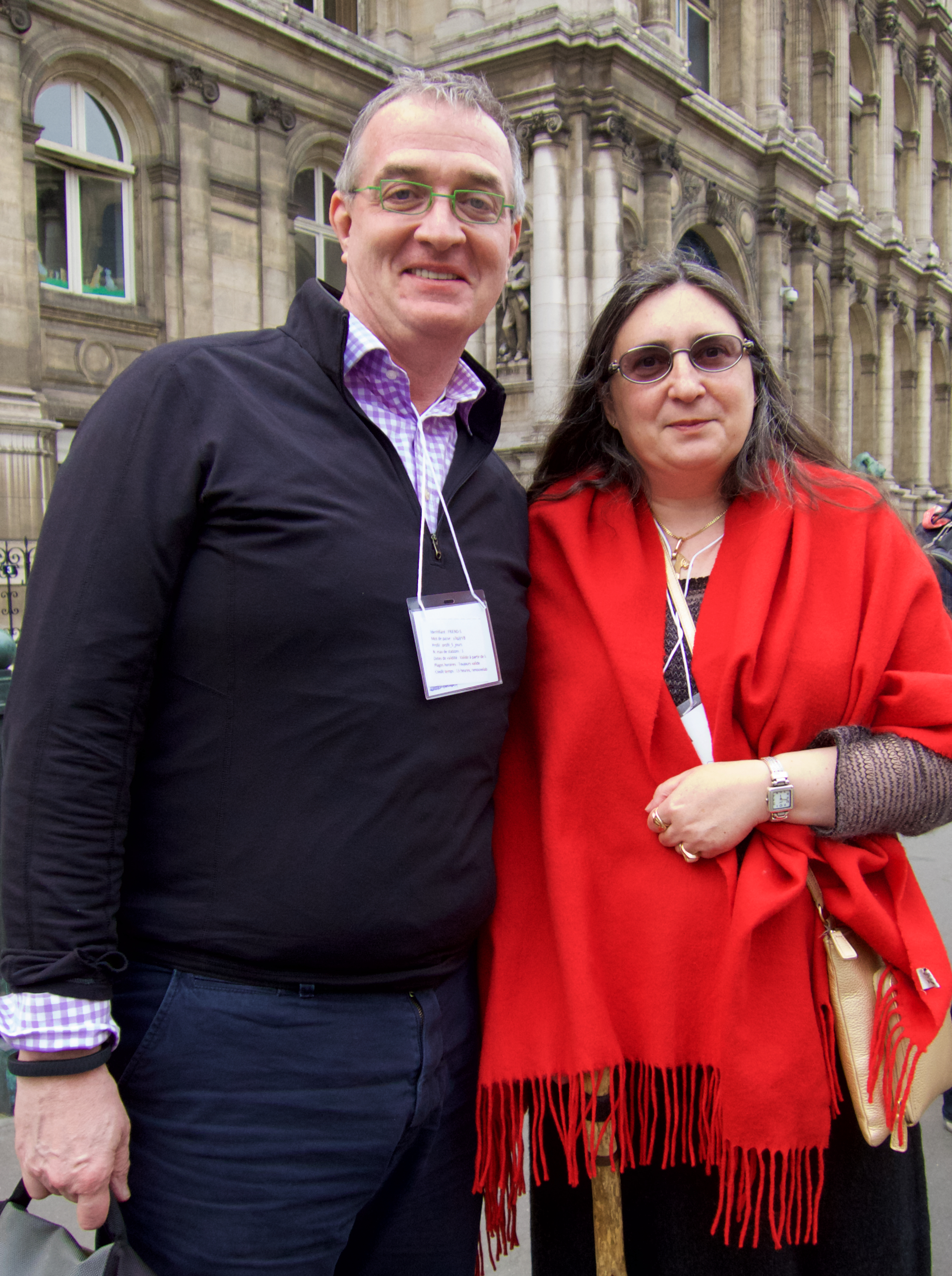 Stephen Friend and Olga Werby outside the Hôtel de Ville at the Paris Sage Assembly, April 17, 2015.